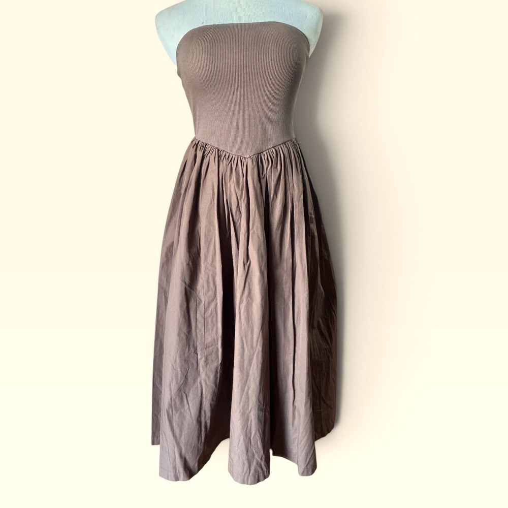 Anthropologie Strapless Midi Dress Womens S Ribbed Brown Cotton Blend NWT New
